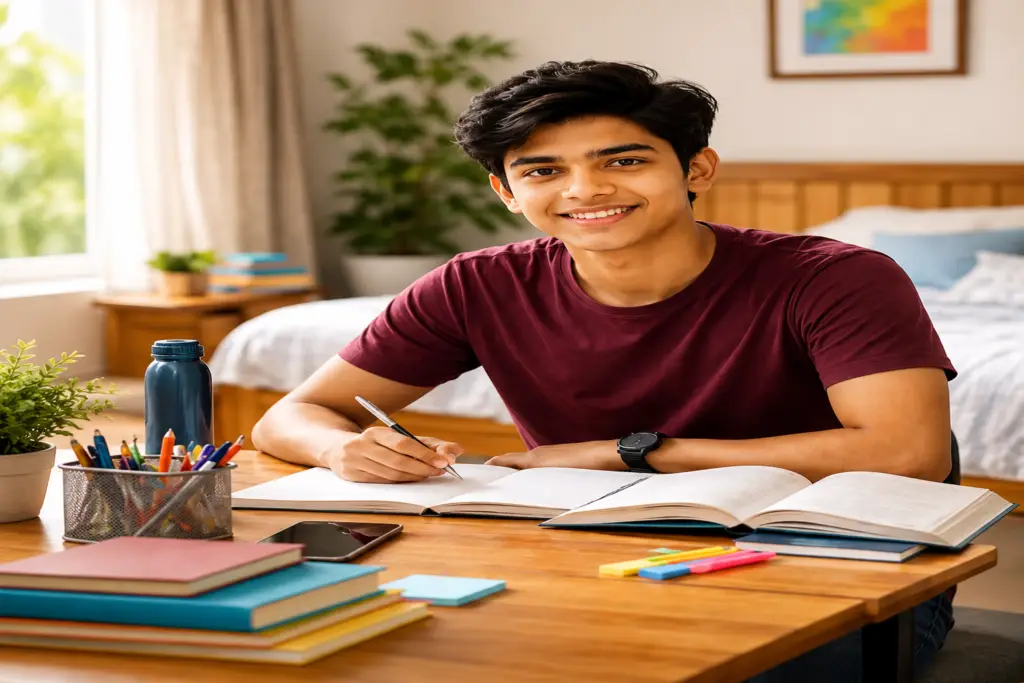 Student preparing for NEET UG exam while studying at a desk with books and notes